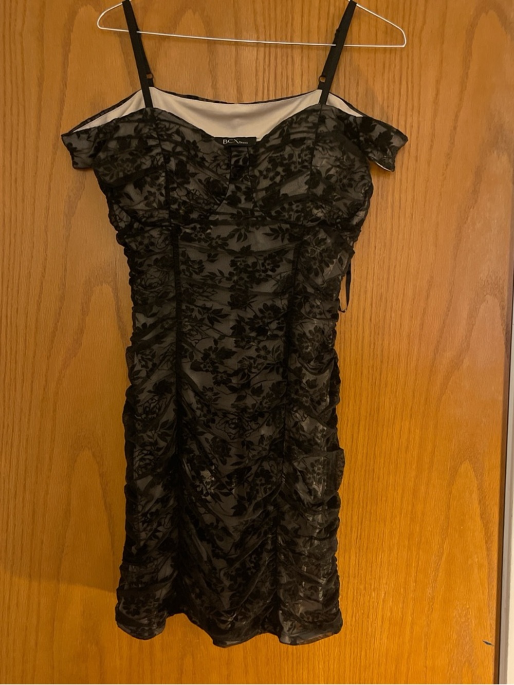 BCX Black Floral Lace Ruched Mini Dress with Spaghetti Straps